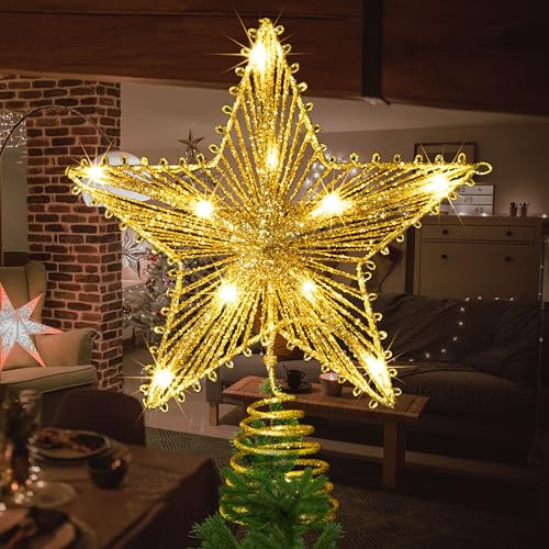 Étoile sommitale élégante pour Sapin de Noël (20x25cm) – 10 LEDs lumière Chaude avec Fil Pet Scintillant et Structure en Fer, décoration de cime de Sapin (Doré)