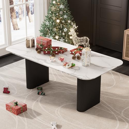 RGZ Faux Marble Oval Dining Table, 71 Modern Kitchen Table for 4-6 People, Easy to Assemble Accent Dining Table with Black Ripple Legs for Dining Room, Kitchen, Home, Office, Meeting Room
