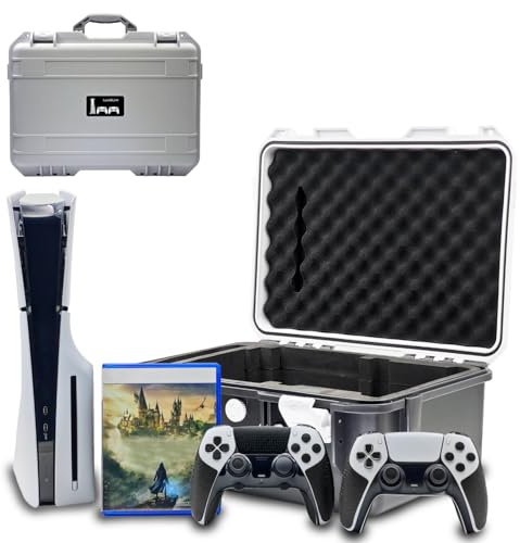 Hard Shell Travel Case Compatible with PlayStation 5 Slim Console,Controllers,Accessories-Waterproof PS5 Slim Carrying Case with Customized Foam for Both Standard and Digital Editions(Black And White)