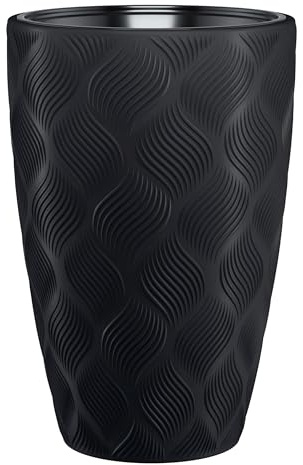 B2C Round Tall Plant Pot, Black, H48cm x D29cm | Elegant Large Flower, Indoor Outdoor Garden, Wave Plastic Textured, With Insert, 5 Colours Available