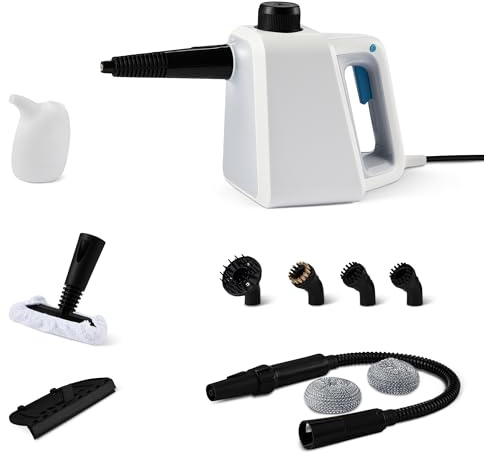 Amazon Basics Handheld Steam Cleaner for Home with 6 Accessories included, 250ml tank, 1000W, White
