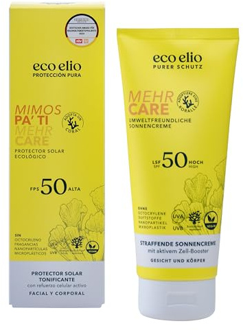 eco elio Mimos pa’ ti Crema Solar Vegana SPF 50 Facial y Corporal, Natural, Sin Octocrileno ni Perfume, Microplásticos-Free, Reef Safe, Cosmética Eco para Cara y Cuerpo, Formato Familiar Diario 200ml