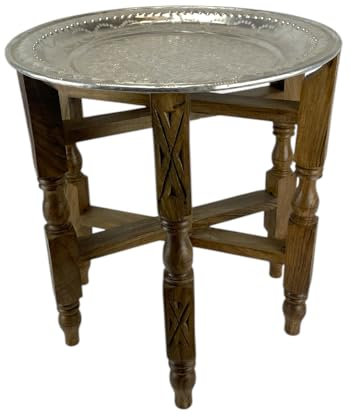 ARTIGIANATO VULCANO Table basse marocaine avec plateau en aluminium ciselé, base en noyer massif refermable, 42 cm x h46 cm