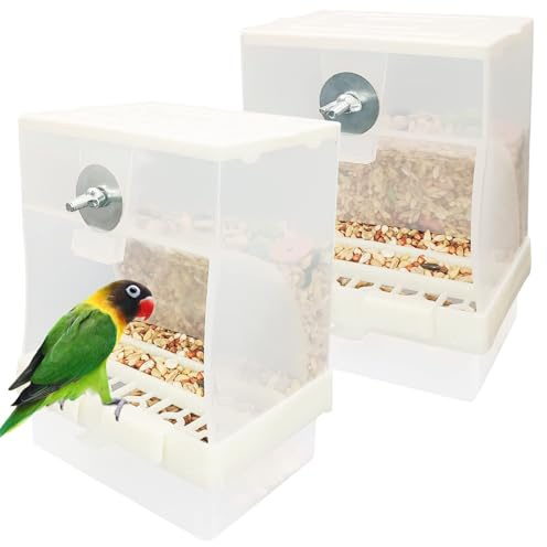 Kathson No Mess Automatic Bird Feeders Cockatiel Food Dispenser Bowls Seed Container Parrot Dishes Parakeet Cage Accessories Birdfeeder with Divider for Canary Finch Conure Lovebirds 2Pcs