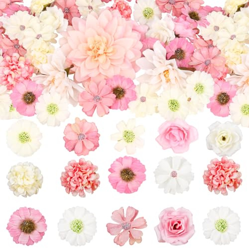 Olrla 50 cabezas de flores artificiales de seda para decoración de pasteles, ramo de novia y placas de pared decorativas para fiestas y bodas (rosa)