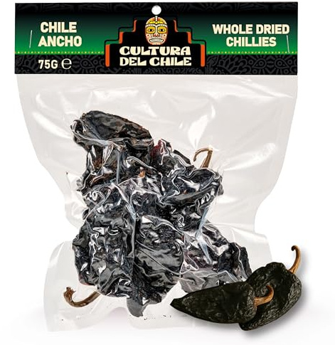 Chiles Ancho Secos Enteros 75g - Totalmente Naturales, Picantes Suaves con Sabor Ahumado y Afrutado para un Auténtico Sabor Mexicano. Ideales para Tacos de Birria, Mole, Enchiladas y Salsa.