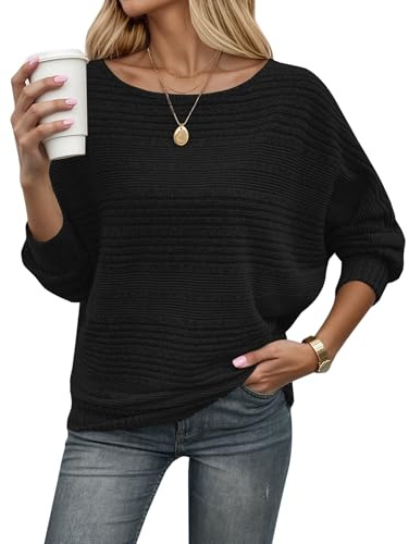 WNEEDU Pull Femme Chic et Elegant Fin Automne Hiver Manches Chauve Souris | Léger sweater, tricoté top, pullover col bateau, à épaules nues, haut chaud, manches longues