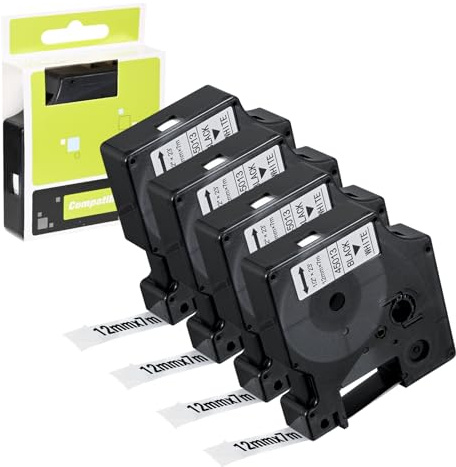 LUOJINYI 4x Etikettenband Kompatibel mit Dynmo D1 12mmx7m Schwarz auf Weiß, Selbstklebendes Schriftband, Ersatz für Dymo 45013 für LabelManager 160 280 210D 420p LabelWriter 450 Duo