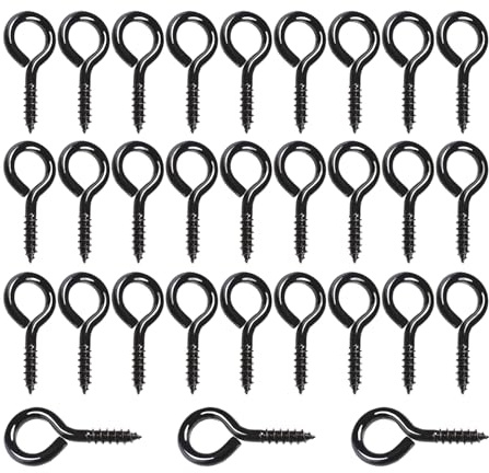 30Pcs 30mm Black Self Tapping Stainless Steel Ring Screw Eye Hooks | Anti-rust coating, heavy duty load capacity, tightening thread design, indoor outdoor hanging applications, sturdy build