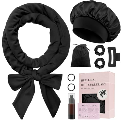 BUTBU 9 Stück Lockenwickler Über Nacht, Samt Heatless Overnight Curls Band, Locken Ohne Hitze, mit Schlafmütze, DIY Hair Curler Rollers Set, heatless curls für Langes Mittleres Haar(Schwarz)