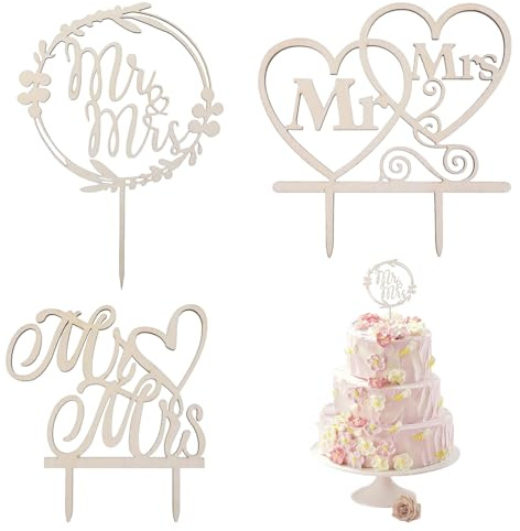 KLINNA Lot de 3 décorations de gâteau pour mariage, décoration de gâteau de mariage Mr & Mrs en bois véritable, élégante décoration de gâteau pour fiançailles et demande