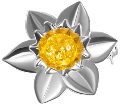 HENRYKA Daffodil Flower Statement Brooch Pin - 925 Sterling Silver & Baltic Amber | Spring Floral Symbolism | Gift or Bridesmaid Accessory | Hypoallergenic