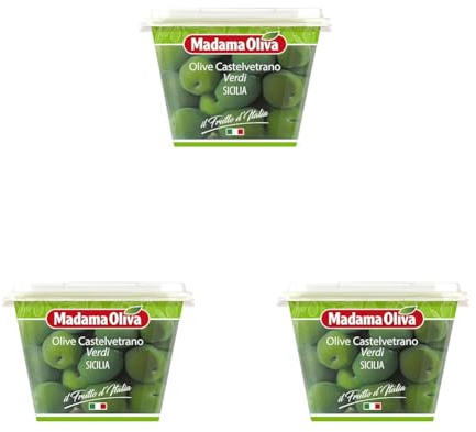 MADAMA OLIVA, Olive Castelvetrano Dolci Verdi, Sapore Unico e Fruttato, Snack Ideali per Antipasti a Base di Formaggi e Salumi, Insalate Verdi, 100% Made in Italy, 250 gr (Confezione da 3)