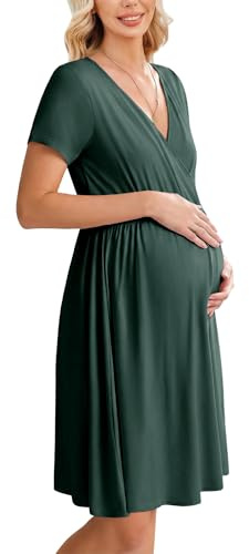Ekouaer Women 3 in 1 Labor and Delivery Gown Split Front Flap Maternity Hospital Dress Nursing Nightgown for Breastfeeding Lake Green L