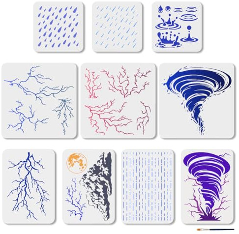 MAYJOYDIY 10 Pcs Thunderstorm Stencils Reusable Tornado Lightning Stencil for Painting 3 Sizes Natural Weather Rainstorm Drawing Template with Paint Brush for Wall Furniture Canvas Home Decoration