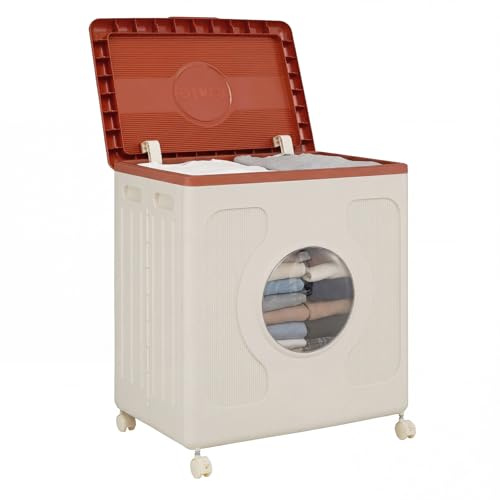COSTWAY Laundry Basket on Wheels, 120L Rolling Laundry Hamper Sorter with Lid, Transparent Window & Built-in Handles, Plastic Dirty Clothes Cart Washing Bin Organizer (White + Brown)