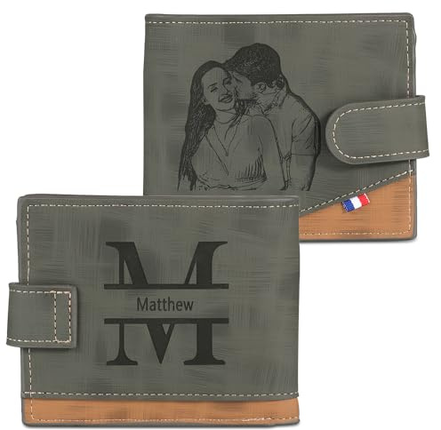 Grovjewfit Personalisiertes Foto Portemonnaie Herren Geldbörse mit Foto Gravur Name Initialen PU Leder Bifold Geldbörse Geschenk für Papa Freund Mann (Style 3)