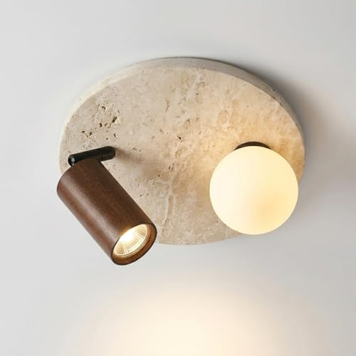 TkTsjtle Plafoniera Wabi Sabi in travertino giallo da 7,9, plafoniera a LED dimmerabile a 3 colori, lampada da soffitto giapponese in pietra naturale e legno per camera da letto, cucina e corridoio.