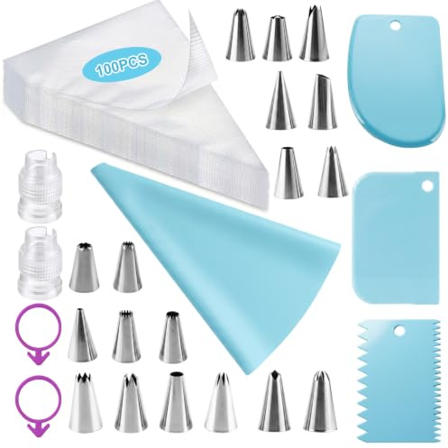 Piping Bags and Nozzles Set 126Pcs Cake Piping Kit 100 Disposable Piping Bags with 18 Stainless Steel Icing Nozzles, 1 Reusable Piping Bag, 2 Couplers, 2 Bag Ties, 3 Cake Scraper
