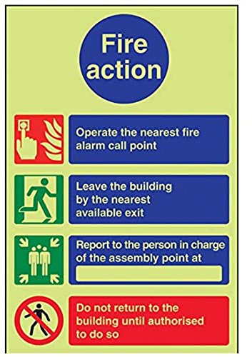 VSafety englisches Schild „Fire Action“, leuchtet im Dunkeln, Hinweisschild, 200 x 300 mm, starrer Kunststoff