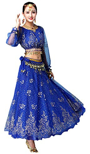 Grouptap Bollywood indiska kvinnor långärmad anarkali lehenga choli sari klänning blå arabisk prinsessa magdans kjol kläder kostym (blå, 150-170 cm, 45-70 kg), BLÅ