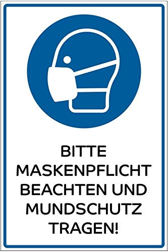 Hinweis-Schild 300x200 mm - Bitte Maskenpflicht beachten/Mundschutz tragen im Zuge des Corona Virus (COVID-19), Warnschild aus PVC Hartschaum Platte 200x300 mm - 3 mm stark