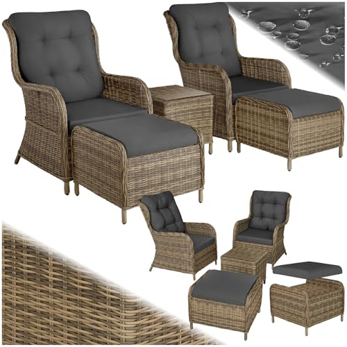 tectake® 2 Premium Rattan Sessel mit Hocker und Tisch, Alu Relaxsessel für Garten, Terrasse und Balkon, Lounge Gartenmöbel Set wetterfest, variabel, Gartenstühle, Lesesessel und Sonnenliege - Natur