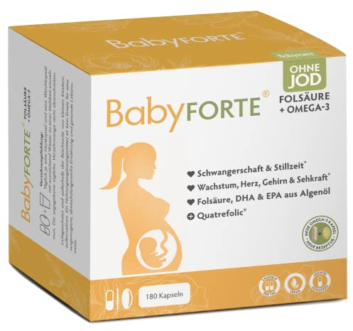 BabyFORTE® Folsäure ohne Jod + Omega-3 vegan mit Algenöl | 17 Schwangerschaftsvitamine ohne Jod + Quatrefolic® | 180 Kapseln | ab 1. Trimester