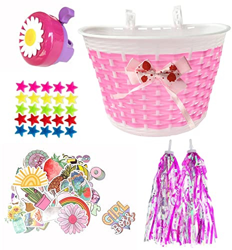 Suerico Kids Bike Decorations & Accessories - Bicycle Scooter Basket, Children Bicycle Bell, Bike Handle Streamers, Stickers & Star Spoke Decoration Set for Girls & Boys (Pink)