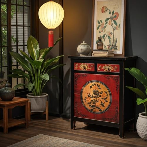 OPIUM OUTLET Kinesiskt bröllopsskåp asiatisk skåp orientalisk byrå vintage skänk antik stil röd-svart