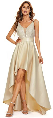 Ever-Pretty Vestido para Invitada de Boda para Mujer Largo Sin Mangas Escote en V Corte Imperio Elegant Alta Baja Oro Rosado 42