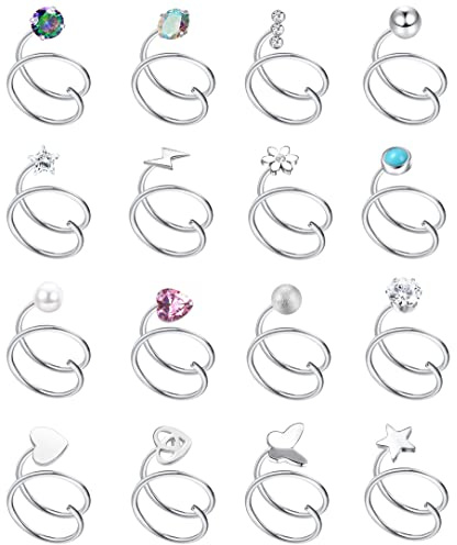 FASACCO 16Pcs Double Nose Ring Hoop for Single Piercing 20 Gauge Stainless Steel Nose Hoop Spiral Star Pearl CZ Butterfly Twist Nose Ring Hoops Double Hoop Earrings for Women Silver Tone