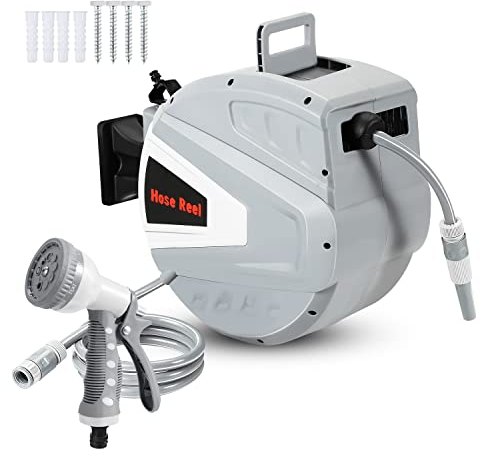 Izrielar Schlauchtrommel 20m+2m mit Handbrause Gartenschlauch, Schlauchaufroller Automatisches Aufrollen, 180° Schwenkbügel Versenkbarer Wasserschlauchtrommel Wandhalterung (Grau)