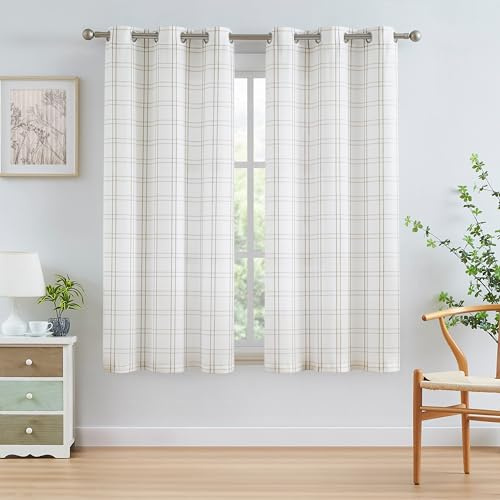 Bapawfish Short Buffalo Plaid Light Filtering Window Curtains 63 Inches Long White Checkered Grommet Panels Trellis Geo Pattern Farmhouse Modern Window Treatment for Living Room,Bedroom,40x63x2,Tan