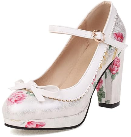 Mary Jane Shoes for Women Bow Kawaii Shoes Lolita Platform High Heels Floral Wedding Dress Pumps White