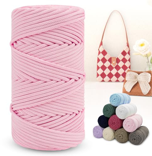 LEREATI Polyester Garn 150m Makramee Garn 4mm Geflochten Polyester-Seil Farbig Häkelgarn, Macrame Cord 4mm für Häkeltasche Umhängetasche Handtasche Geschenk Strickwaren (Helles Rosa)