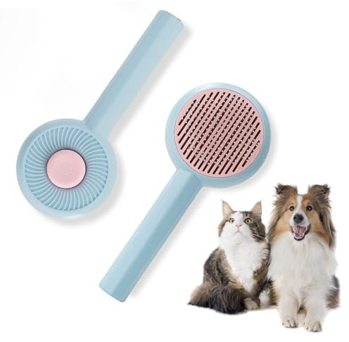 Csirnto Peigne pour chats et chiens avec fonction de nettoyage automatique, destiné à enlever les poils sous-jacents et les poils enchevêtrés, pour la coiffure des animaux de compagnie.Bleu