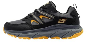 Skechers D'lux Journey- Zapatos de Senderismo para Hombre, Cuero Negro Textil Ribete Amarillo, 44 EU