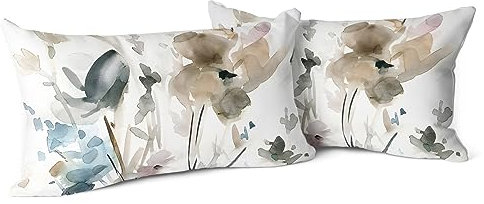Snylcce Braun Creme Grau Teal Floral Kissenbezüge Aquarell Blume Couch Kissenbezüge 12x20 Zoll Satz von 2 Bauernhaus Home Decor für Zimmer Schlafzimmer Bett Kissen Outdoor 30x50 cm