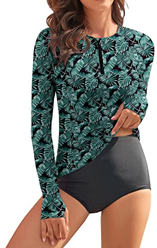 WOWENY Damen Schwimmshirt Langarm 1/4 Zip badeshirt Rashguard Sonnenschutz Swimsuits Bademode surf Shirt Strand Swimming Vest,PJ,M