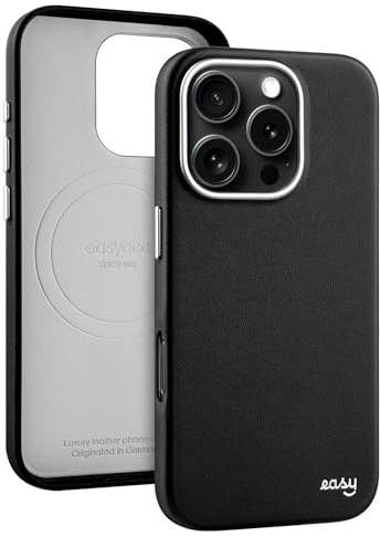 EasyAcc für iPhone 16 Pro Hülle Leder, kompatibel mit MagSafe, Schmutzabweisend, Kratzfest, Metalltasten, Luxus-Handyhülle für iPhone 16 Pro Case, Stoßfest, Fallschutz, Schwarz-Silber