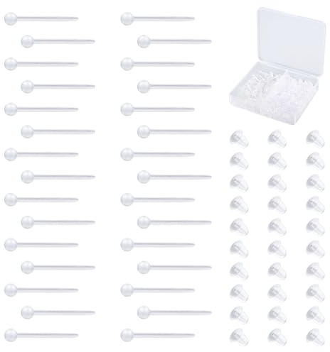 AVYRING 50 Paar durchsichtige Ohrringe für die Schule mit Organizer-Box, transparente Ohrringstecker und Silikon-Ohrringverschlüsse, unsichtbare Ohrringe für Arbeit und Sport, Kugelspitzen