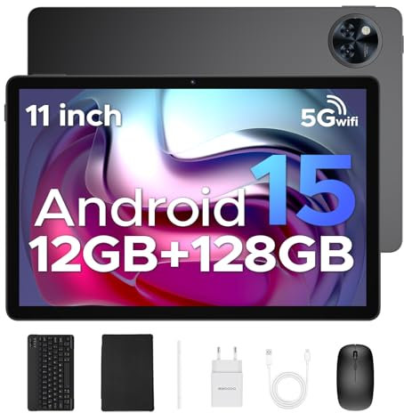 DOOGEE U11 Android 15 Tablet with Keyboard, 16GB RAM 128GB ROM(TF 2TB), 8580mAh Battery, Octa-Core Android Tablets 11 Inch, Widevine L1, 3.5mm Jack, 5G WiFi Tablet with Pen, Mouse & Case - Gray