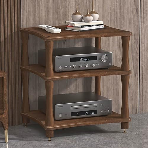 JIAOCKJIAO Audio Rack Hi Fi Regal, Record Player Stand aus Massivholz, Hi Fi Racks mit Stoßdämpfenden Fußnägeln aus Kupfer, Plattenspieler Regal, für Zuhause, Büro(Black Walnut,3 Tier 60x48x64CM)