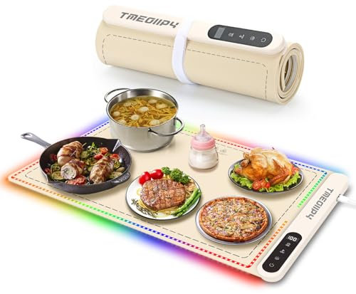 Warmhalteplatte Elektrisch, Tragbare Speisenwärmer mit 3 Arten Von LED Leuchten, Faltbare Silikon Wärmeplatte Essen mit 6 Timern, 6 Temperatureinstellungen, Wärmeplatten für Warm Halten oder Auftauen