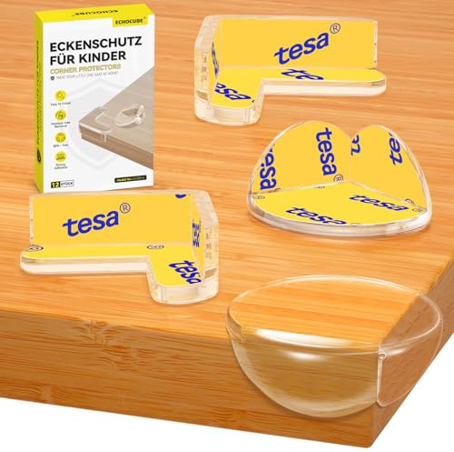 ECHOCUBE Clear Corner Protectors, 12 confezioni di protezioni per bordi di sicurezza per bambini, Baby Proofing Corner Guard con nastri adesivi TESA per tavolo, mobili, forma a L e a R