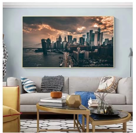 Leinwanddrucke mit der Skyline von New York Gemälde Nachtansicht Landschaftsposter und Wandkunstbilder als Wohnzimmerdekoration 40x80cm (ungerahmt)