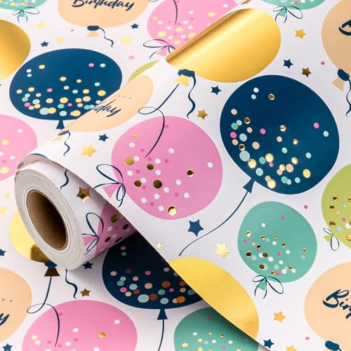 Wikadlik Geburtstags-Geschenkpapierrolle – Goldfolienballons mit metallischem Glanz, Geschenkpapier für Babyparty, Party, Feier, 43 cm x 10 m