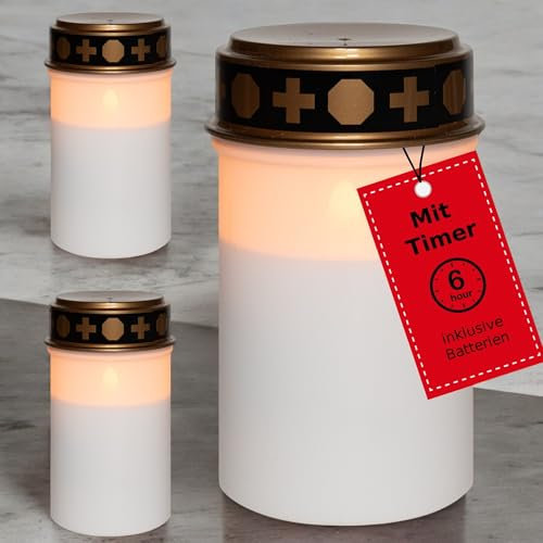 Novaliv Velas LED para tumbas con batería y temporizador 6/18, color blanco, 3 velas para cementerio, luz LED con batería, vela de cementerio, vela conmemorativa para exteriores, luz eterna