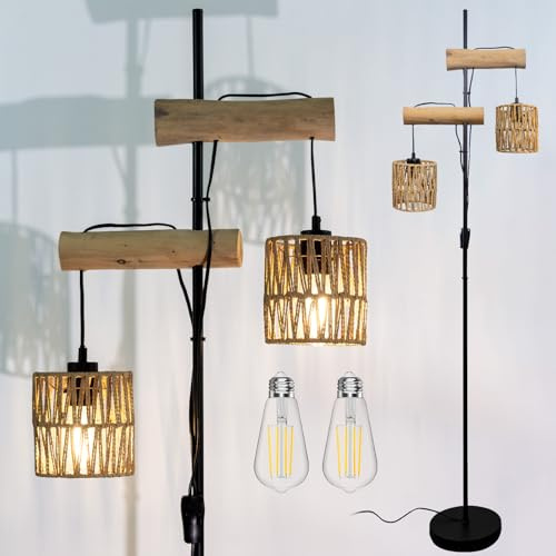 Osasy Lampadaire Led pour salon, 2 lampes lampe sur pied, lampadaire E27 métal et bois, lampe design lampadaire rotin